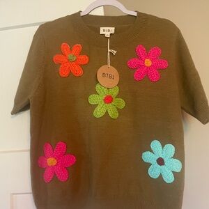 BIBI Women's Crochet Sweater Top with Colorful Floral Accents